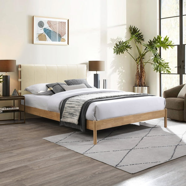 Meridian Furniture Asher Queen Bed Vegan Leather Low Profile Frame with Wood Base for Modern Bedroom Decor Cream AsherCream-Q