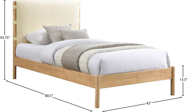 Meridian Furniture Asher Faux Leather Twin Bed Tall Upholstered Headboard Mid-century Modern Bedroom Frame Cream AsherCream-T