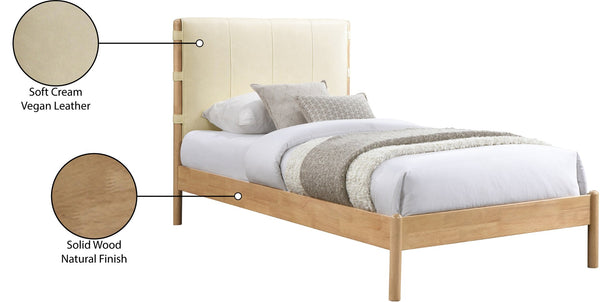 Meridian Furniture Asher Faux Leather Twin Bed Tall Upholstered Headboard Mid-century Modern Bedroom Frame Cream AsherCream-T