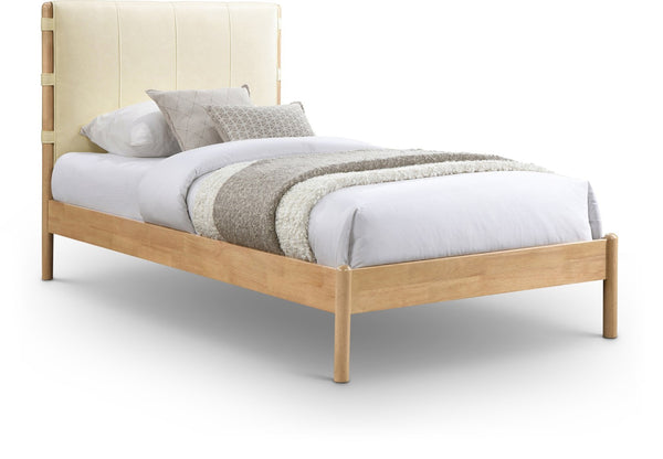 Meridian Furniture Asher Faux Leather Twin Bed Tall Upholstered Headboard Mid-century Modern Bedroom Frame Cream AsherCream-T