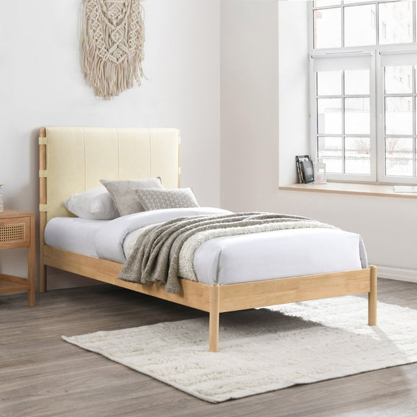 Meridian Furniture Asher Faux Leather Twin Bed Tall Upholstered Headboard Mid-century Modern Bedroom Frame Cream AsherCream-T