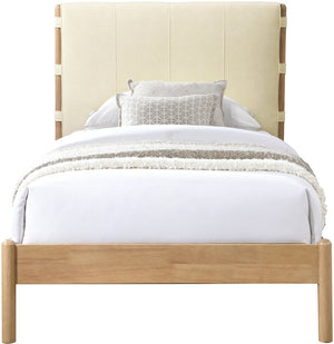 Meridian Furniture Asher Faux Leather Twin Bed Tall Upholstered Headboard Mid-century Modern Bedroom Frame Cream AsherCream-T
