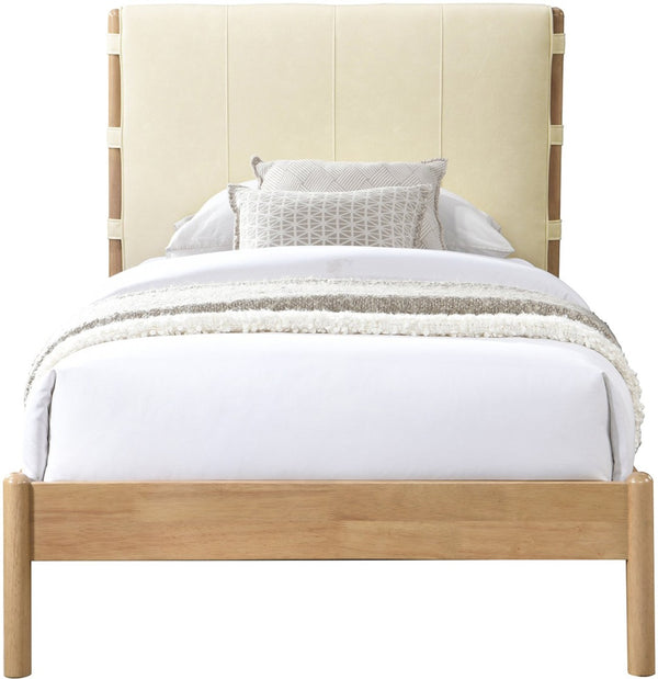 Meridian Furniture Asher Faux Leather Twin Bed Tall Upholstered Headboard Mid-century Modern Bedroom Frame Cream AsherCream-T