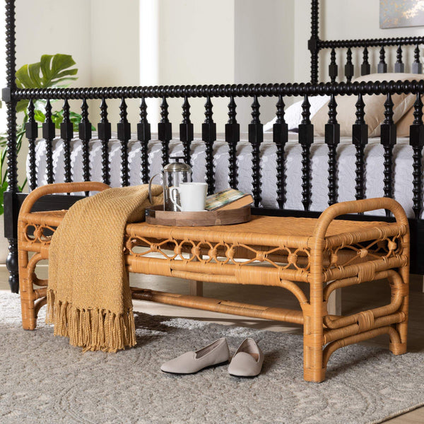 Bali & Pari Ayala Handwoven Rattan Bench Artisan Boho Seating for Living Room