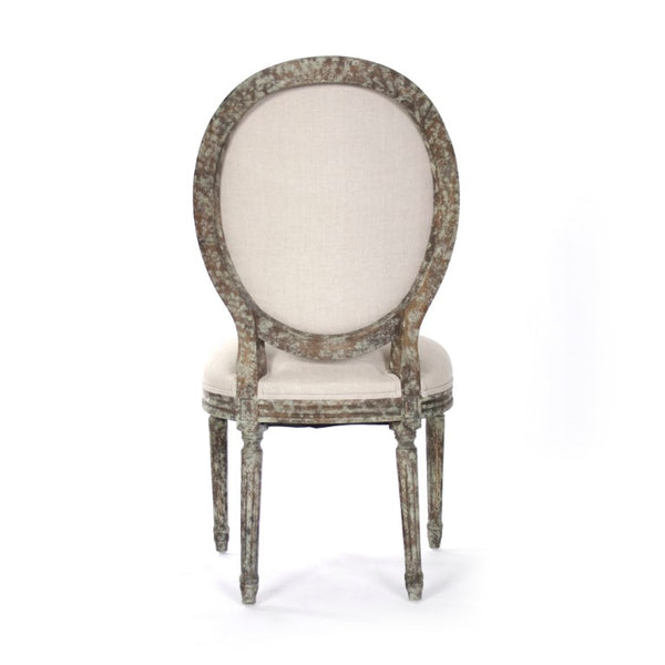 Zentique Medallion Side Chair — Elegant oak-framed dining accent with medallion back, cushioned linen seat for lasting comfort and style Distressed Olive Green Oak, Natural Linen B004 CC008 A003