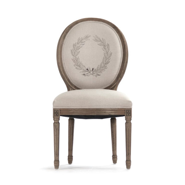Zentique Medallion Side Chair — Elegant oak-framed dining accent with medallion back, cushioned linen seat for lasting comfort and style Reclaimed Oak, Natural Linen w/ Print B004 E255-3 A003 #61