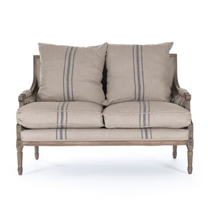 Louis Settee Reclaimed Oak, English Khaki Linen with Blue Stripe B007-2 E255-3 Stripe Blue A033 Zentique