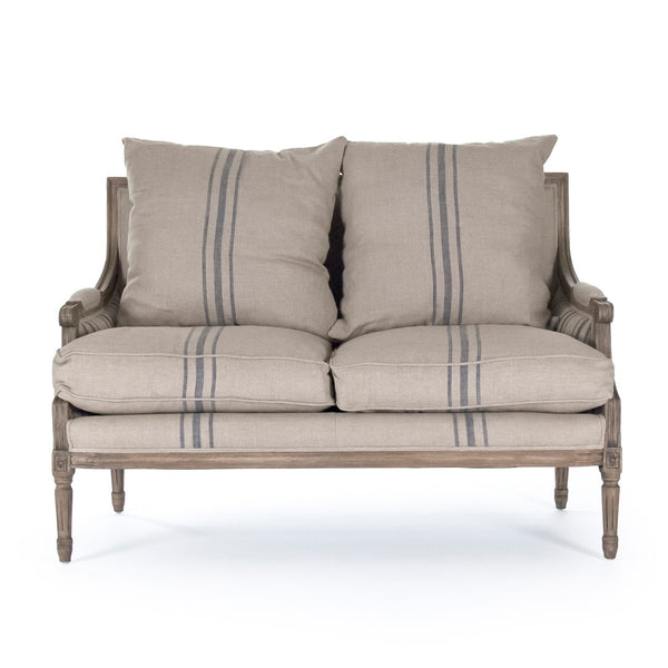 Louis Settee Reclaimed Oak, English Khaki Linen with Blue Stripe B007-2 E255-3 Stripe Blue A033 Zentique