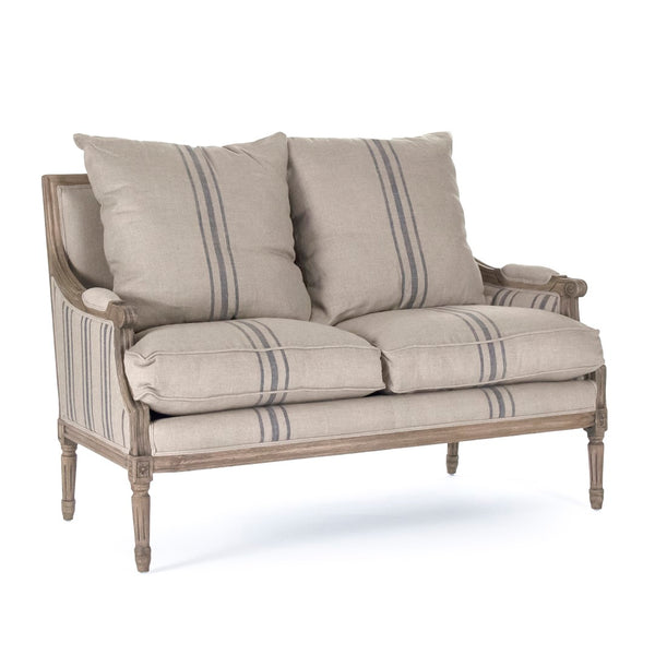 Louis Settee Reclaimed Oak, English Khaki Linen with Blue Stripe B007-2 E255-3 Stripe Blue A033 Zentique