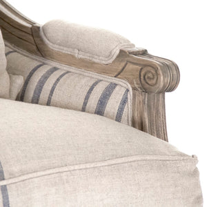 Louis Settee Reclaimed Oak, English Khaki Linen with Blue Stripe B007-2 E255-3 Stripe Blue A033 Zentique