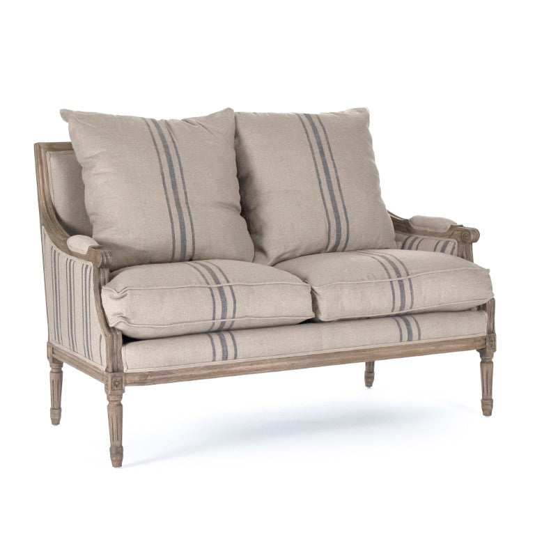 Zentique Louis Settee linen-upholstered oak frame loveseat with classic Louis silhouette, breathable comfort, W48 B007-2 E255-3 Stripe Blue A033