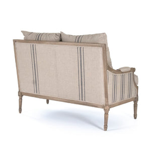 Zentique Louis Settee linen-upholstered oak frame loveseat with classic Louis silhouette, breathable comfort, W48 B007-2 E255-3 Stripe Blue A033
