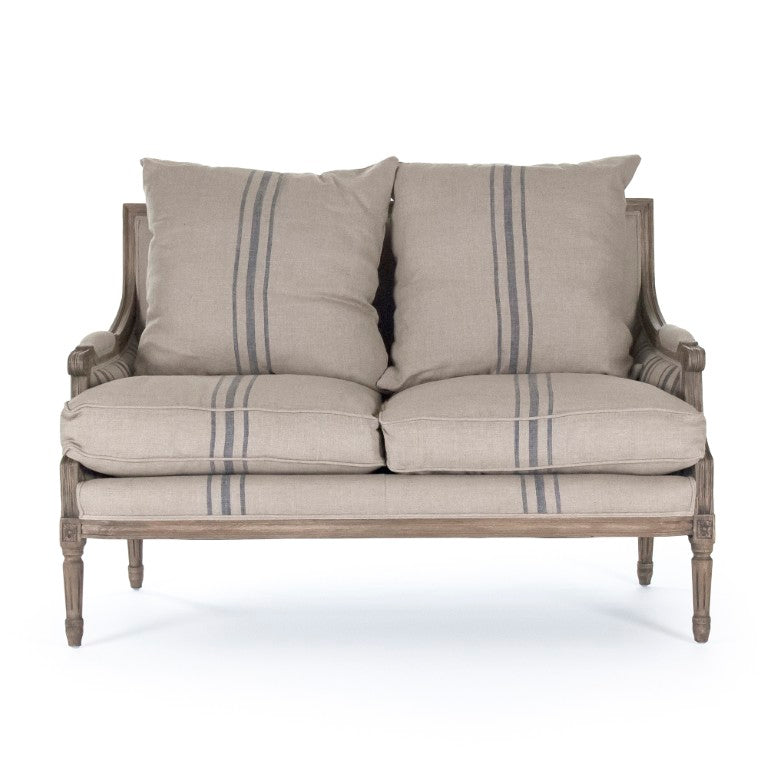 Zentique Louis Settee linen-upholstered oak frame loveseat with classic Louis silhouette, breathable comfort, W48 B007-2 E255-3 Stripe Blue A033