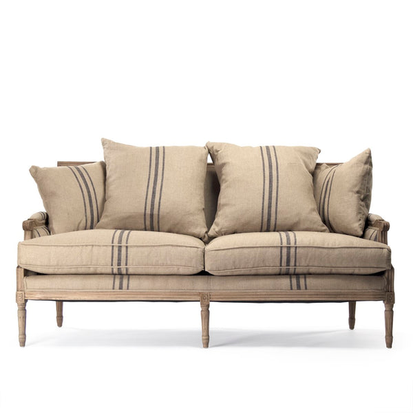 Louis Sofa Reclaimed Oak, English Khaki Linen with Blue Stripe B007-3 E255-3 A033 Blue Stripe Zentique