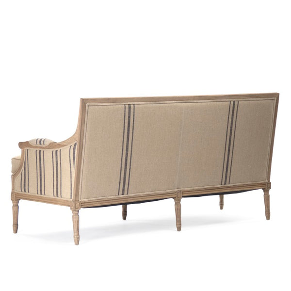 Zentique Louis Sofa — Elegant oak-framed linen-upholstered sofa with cushioned comfort and timeless craftsmanship (97) Reclaimed Oak, English Khaki Linen with Blue Stripe B007-3 E255-3 A033 Blue Stripe
