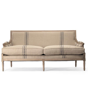 Zentique Louis Sofa — Elegant oak-framed linen-upholstered sofa with cushioned comfort and timeless craftsmanship (97) Reclaimed Oak, English Khaki Linen with Blue Stripe B007-3 E255-3 A033 Blue Stripe
