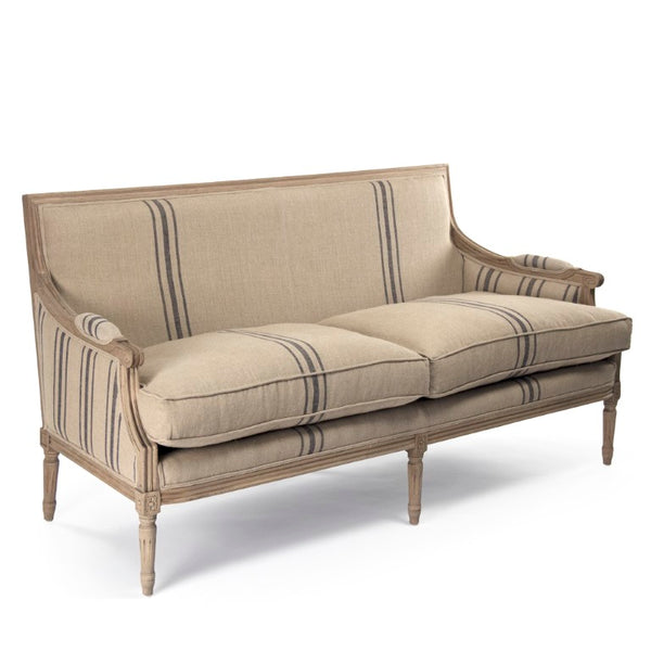 Zentique Louis Sofa — Elegant oak-framed linen-upholstered sofa with cushioned comfort and timeless craftsmanship (97) Reclaimed Oak, English Khaki Linen with Blue Stripe B007-3 E255-3 A033 Blue Stripe