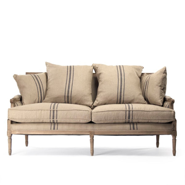 Zentique Louis Sofa — Elegant oak-framed linen-upholstered sofa with cushioned comfort and timeless craftsmanship (97) Reclaimed Oak, English Khaki Linen with Blue Stripe B007-3 E255-3 A033 Blue Stripe