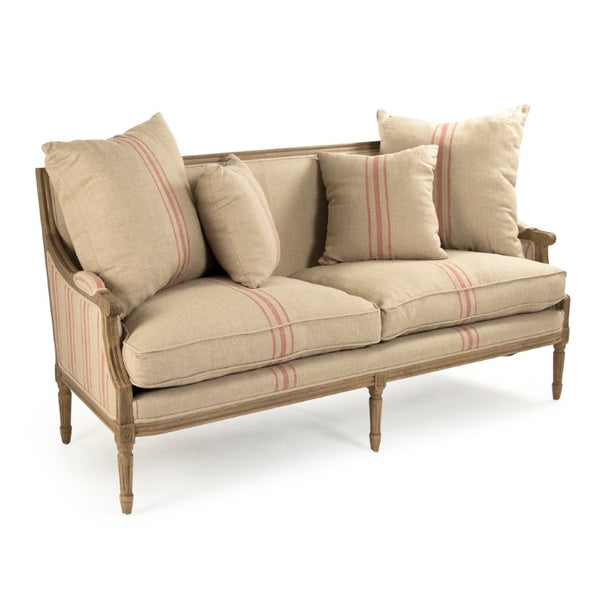 Zentique Louis Sofa — Elegant oak-framed linen-upholstered sofa with cushioned comfort and timeless craftsmanship (97) Reclaimed Oak, English Khaki Linen with Red Stripe B007-3 E255-3 A034 Red Stripe