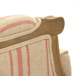 Zentique Louis Sofa — Elegant oak-framed linen-upholstered sofa with cushioned comfort and timeless craftsmanship (97) Reclaimed Oak, English Khaki Linen with Red Stripe B007-3 E255-3 A034 Red Stripe