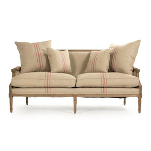 Zentique Louis Sofa — Elegant oak-framed linen-upholstered sofa with cushioned comfort and timeless craftsmanship (97) Reclaimed Oak, English Khaki Linen with Red Stripe B007-3 E255-3 A034 Red Stripe