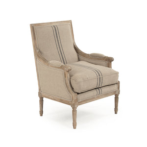 Louis Club Chair Limed Grey Oak, Khaki Linen with Blue Stripe B007 E272 A033 Blue Stripe Zentique