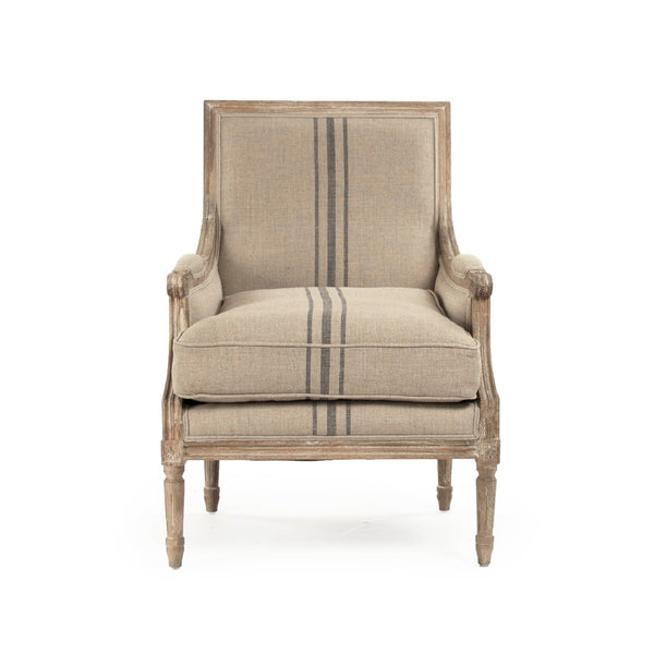 Louis Club Chair Limed Grey Oak, Khaki Linen with Blue Stripe B007 E272 A033 Blue Stripe Zentique