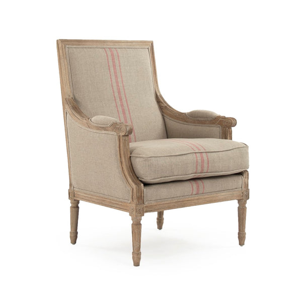 Louis Club Chair Limed Grey Oak, Khaki Linen with Red Stripe B007 E272 A034 Red Stripe Zentique