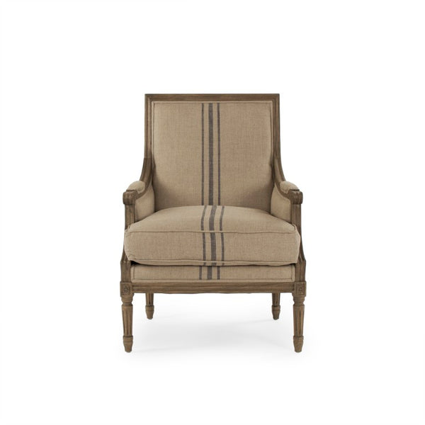 Zentique Louis Club Chair with Solid Oak Frame and Breathable Linen Upholstery for Timeless Comfort (94 chars) Reclaimed Oak, English Khaki Linen with Blue Stripe B007 E255-3 A033 Blue Stripe