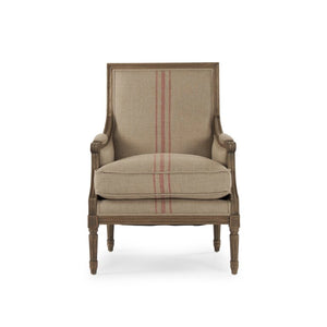 Zentique Louis Club Chair with Solid Oak Frame and Breathable Linen Upholstery for Timeless Comfort (94 chars) Reclaimed Oak, English Khaki Linen with Red Stripe B007 E255-3 A034 Red Stripe