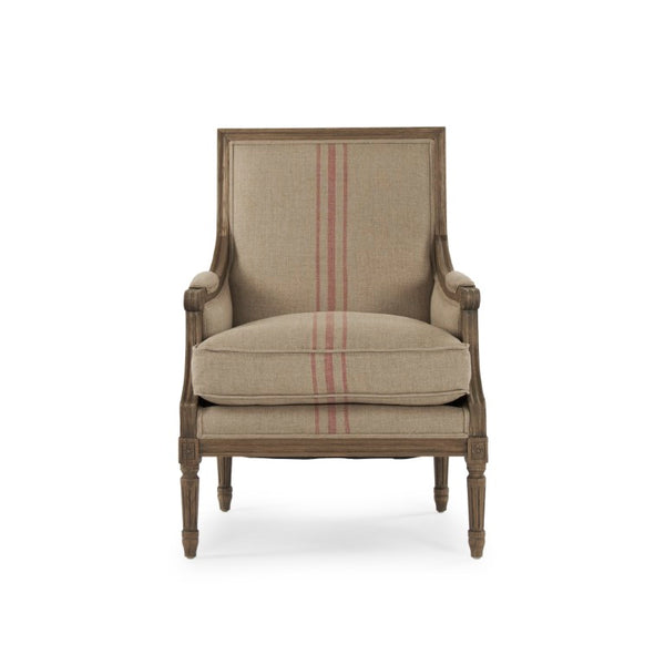 Zentique Louis Club Chair with Solid Oak Frame and Breathable Linen Upholstery for Timeless Comfort (94 chars) Reclaimed Oak, English Khaki Linen with Red Stripe B007 E255-3 A034 Red Stripe