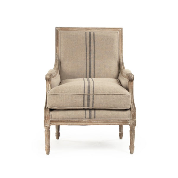 Zentique Louis Club Chair with Solid Oak Frame and Breathable Linen Upholstery for Timeless Comfort (94 chars) Limed Grey Oak, Khaki Linen with Blue Stripe B007 E272 A033 Blue Stripe