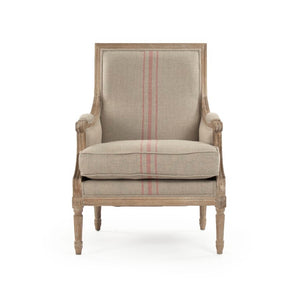 Zentique Louis Club Chair with Solid Oak Frame and Breathable Linen Upholstery for Timeless Comfort (94 chars) Limed Grey Oak, Khaki Linen with Red Stripe B007 E272 A034 Red Stripe