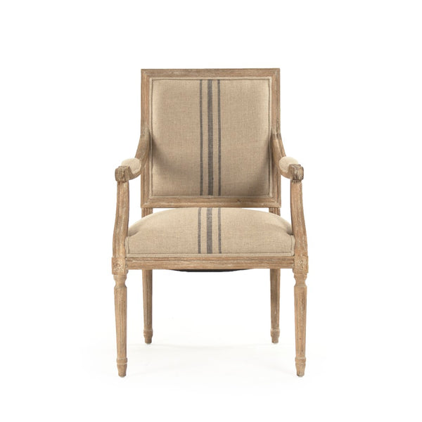 Louis Arm Chair Limed Grey Oak, Khaki Linen with Blue Stripe B008 E272 A033 Blue Stripe Zentique