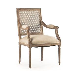 Zentique Louis Arm Chair with Oak Frame, Woven Cane Back & Linen Seat — Classic Comfort for Dining Rooms B008 Cane E272 A003