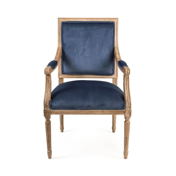 Zentique Louis Arm Chair with Solid Oak Frame and Plush Velvet Upholstery — Timeless Comfort & Elegance Limed Grey Oak, Blue Velvet B008 E272 11905