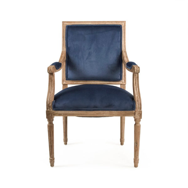 Zentique Louis Arm Chair with Solid Oak Frame and Plush Velvet Upholstery — Timeless Comfort & Elegance Limed Grey Oak, Blue Velvet B008 E272 11905