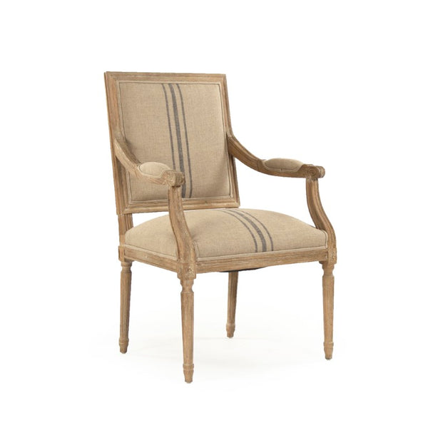 Zentique Louis Arm Chair — Solid Oak Frame with Breathable Linen Upholstery, Ergonomic Comfort & Timeless Style Limed Grey Oak, Khaki Linen with Blue Stripe B008 E272 A033 Blue Stripe