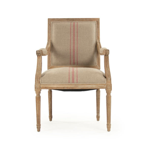 Zentique Louis Arm Chair — Solid Oak Frame with Breathable Linen Upholstery, Ergonomic Comfort & Timeless Style Limed Grey Oak, Khaki Linen with Red Stripe B008 E272 A034 Red Stripe