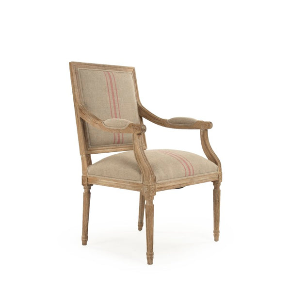 Zentique Louis Arm Chair — Solid Oak Frame with Breathable Linen Upholstery, Ergonomic Comfort & Timeless Style Limed Grey Oak, Khaki Linen with Red Stripe B008 E272 A034 Red Stripe
