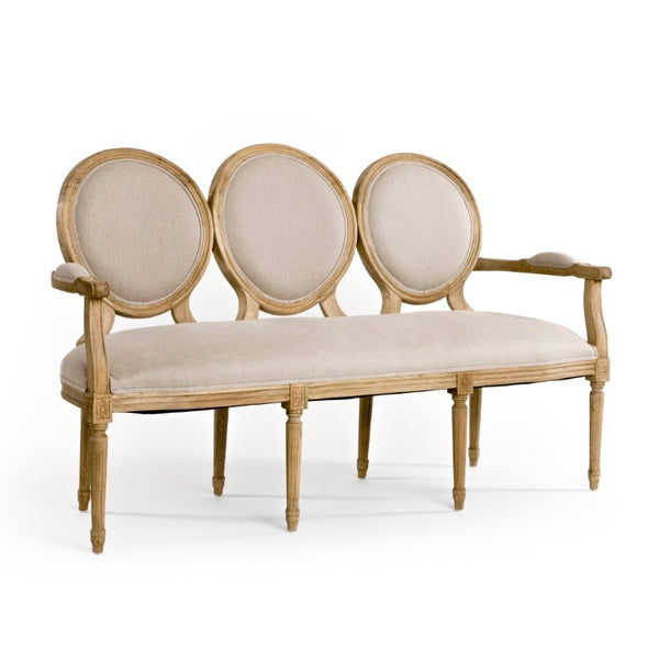 Zentique Medallion Settee with Oak Frame and Linen Upholstery — Classic Medallion Back, Plush Supportive Seating Natural Oak, Natural Linen B009-3 E255 A003
