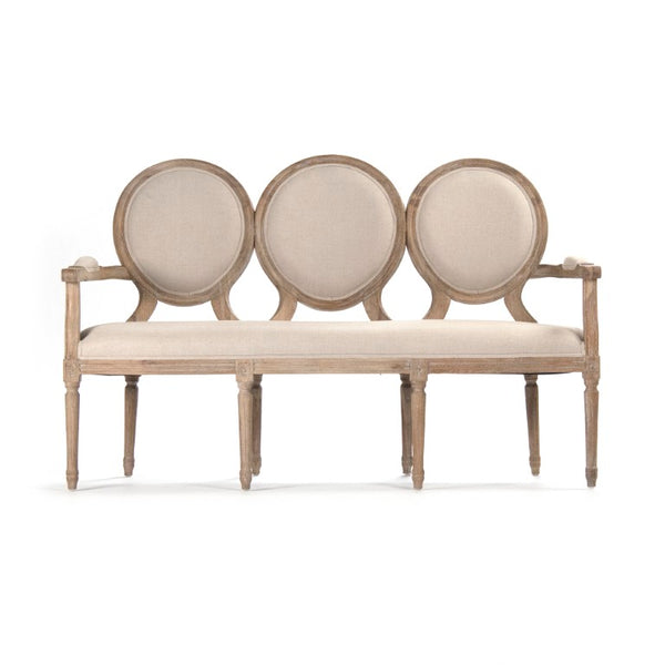 Zentique Medallion Settee with Oak Frame and Linen Upholstery — Classic Medallion Back, Plush Supportive Seating Limed Grey Oak, Natural Linen B009-3 E272 A003