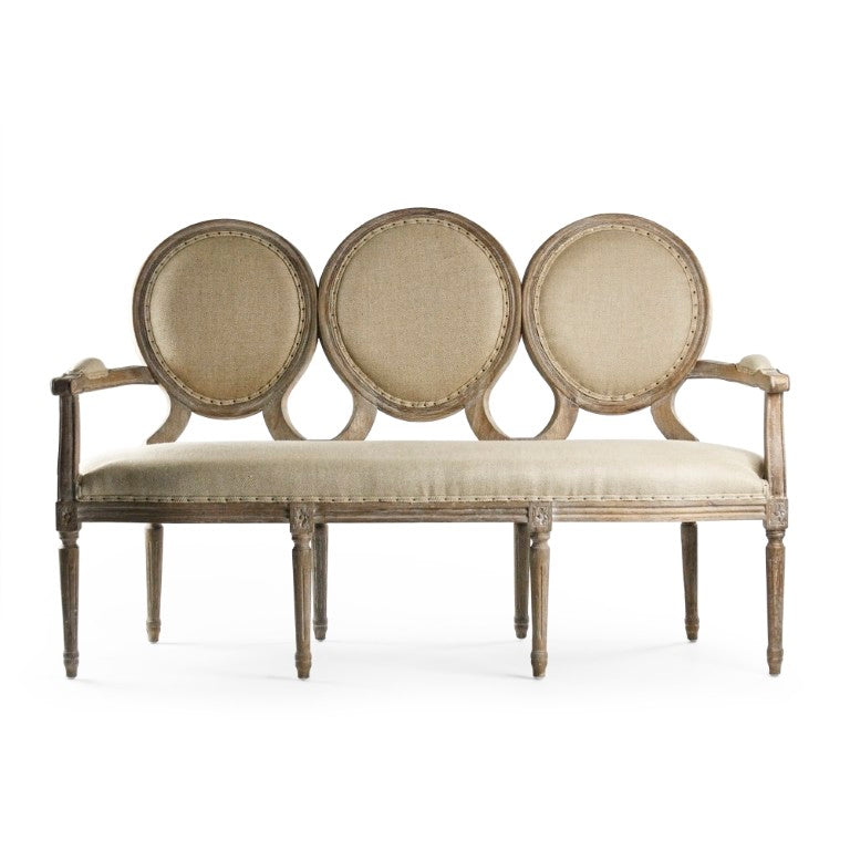 Zentique Medallion Settee with Oak Frame and Linen Upholstery — Classic Medallion Back, Plush Supportive Seating Limed Grey Oak, Hemp Linen B009-3 E272 H009