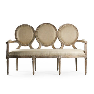 Zentique Medallion Settee with Oak Frame and Linen Upholstery — Classic Medallion Back, Plush Supportive Seating Limed Grey Oak, Hemp Linen B009-3 E272 H009