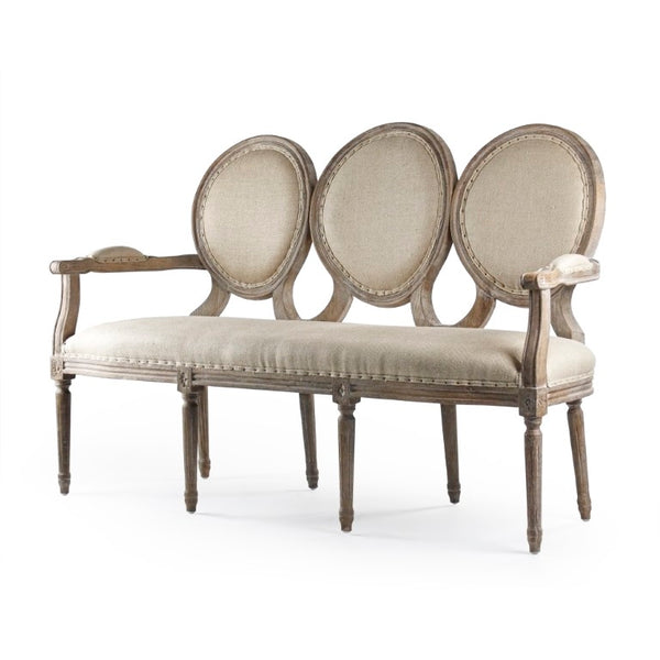 Zentique Medallion Settee with Oak Frame and Linen Upholstery — Classic Medallion Back, Plush Supportive Seating Limed Grey Oak, Hemp Linen B009-3 E272 H009