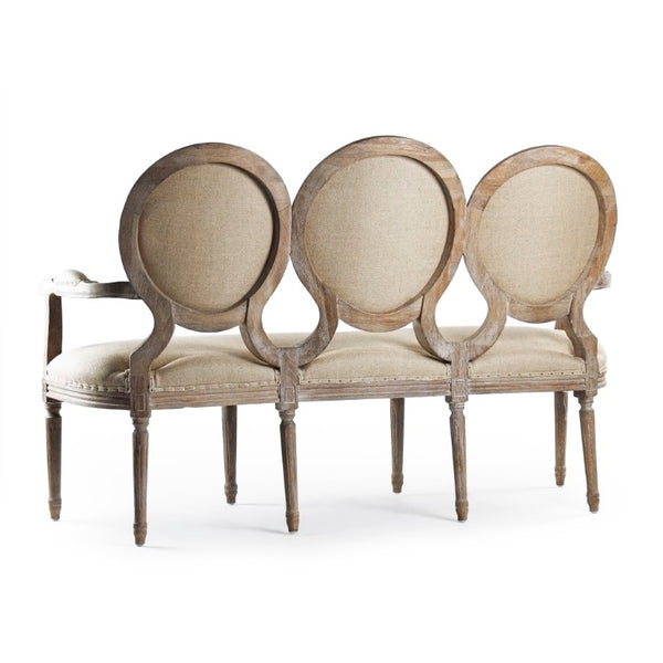 Zentique Medallion Settee with Oak Frame and Linen Upholstery — Classic Medallion Back, Plush Supportive Seating Limed Grey Oak, Hemp Linen B009-3 E272 H009