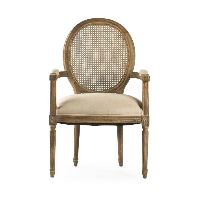 Zentique Medallion Oak Arm Chair with Cane Back and Linen Upholstery — Classic Comfort, Durable Craftsmanship B009-Cane E272 A003