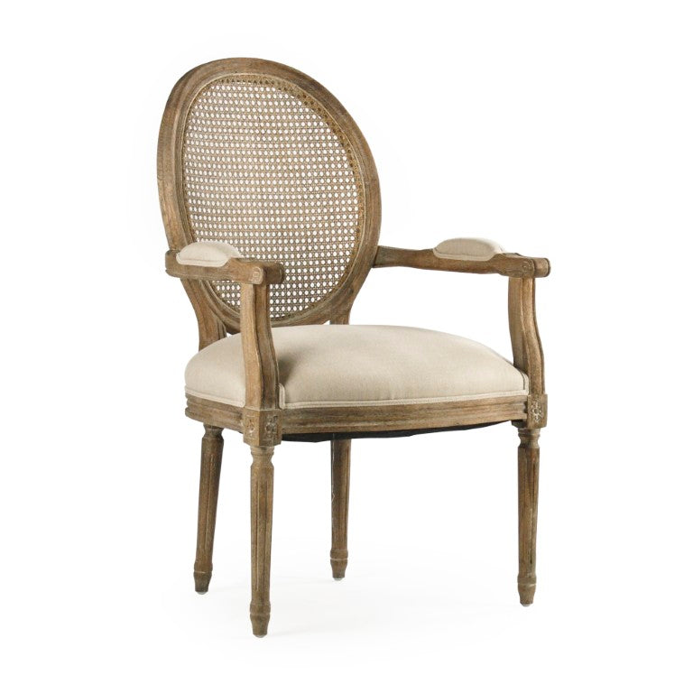 Zentique Medallion Oak Arm Chair with Cane Back and Linen Upholstery — Classic Comfort, Durable Craftsmanship B009-Cane E272 A003