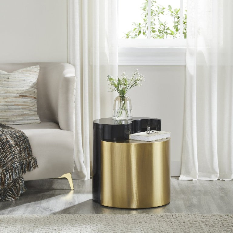 English Elm Ying Yang Sculptural Iron End Table with Bold Black and Gold Powder-Coated Finish B009140742