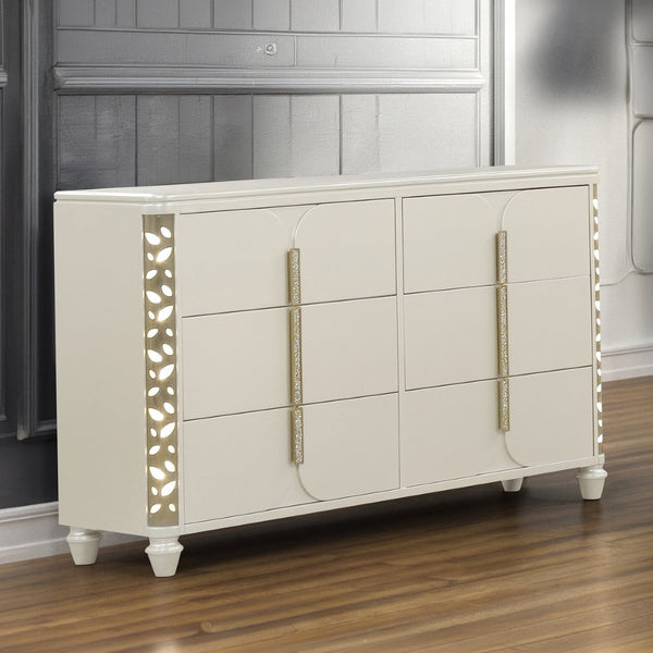 English Elm Cinderella Six Drawer Beige Wood Dresser with Led Ambient Glow for Bedroom Storage B009P385187
